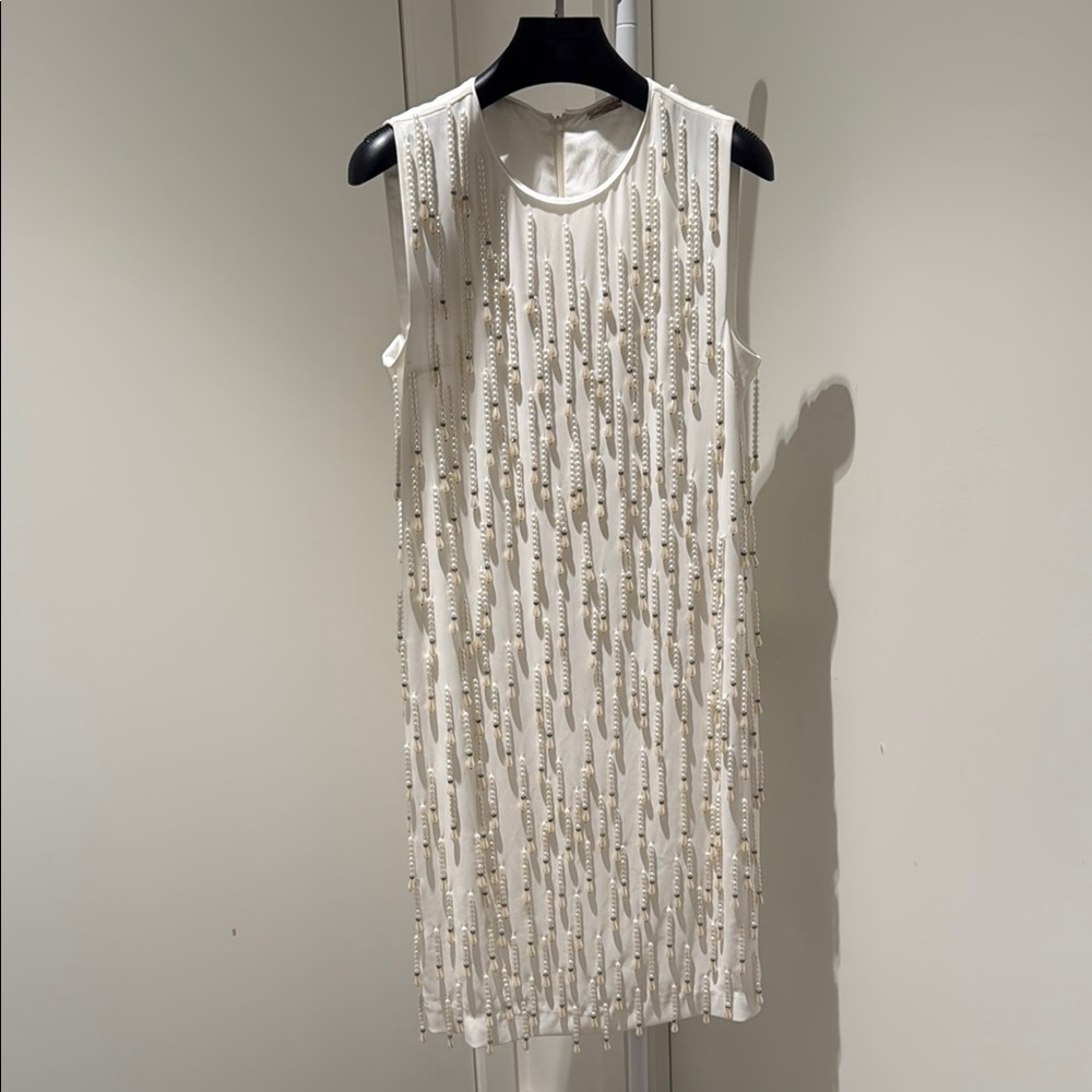 Elegant Pearl Beaded Sleeveless White Dress